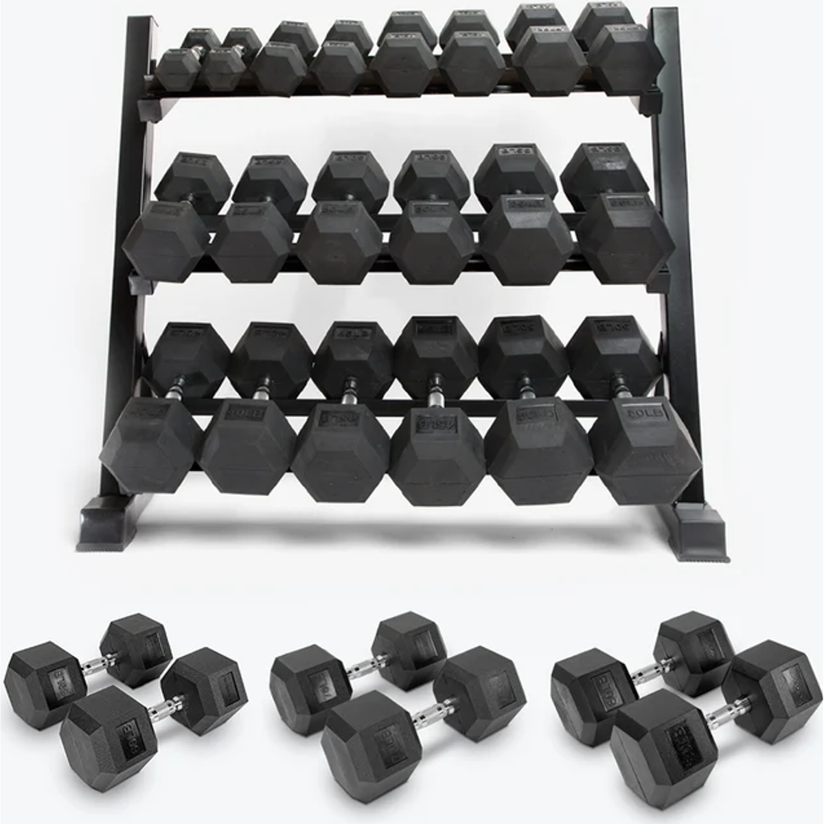 Rubber hex dumbbell bundles with rack