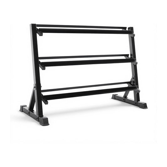 3 Tier Dumbbell Rack, 52 inch width, black steel with three angled tiers