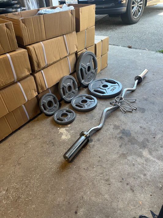 Olympic Ez Cur Bar + Cast Iron Plates Bundle