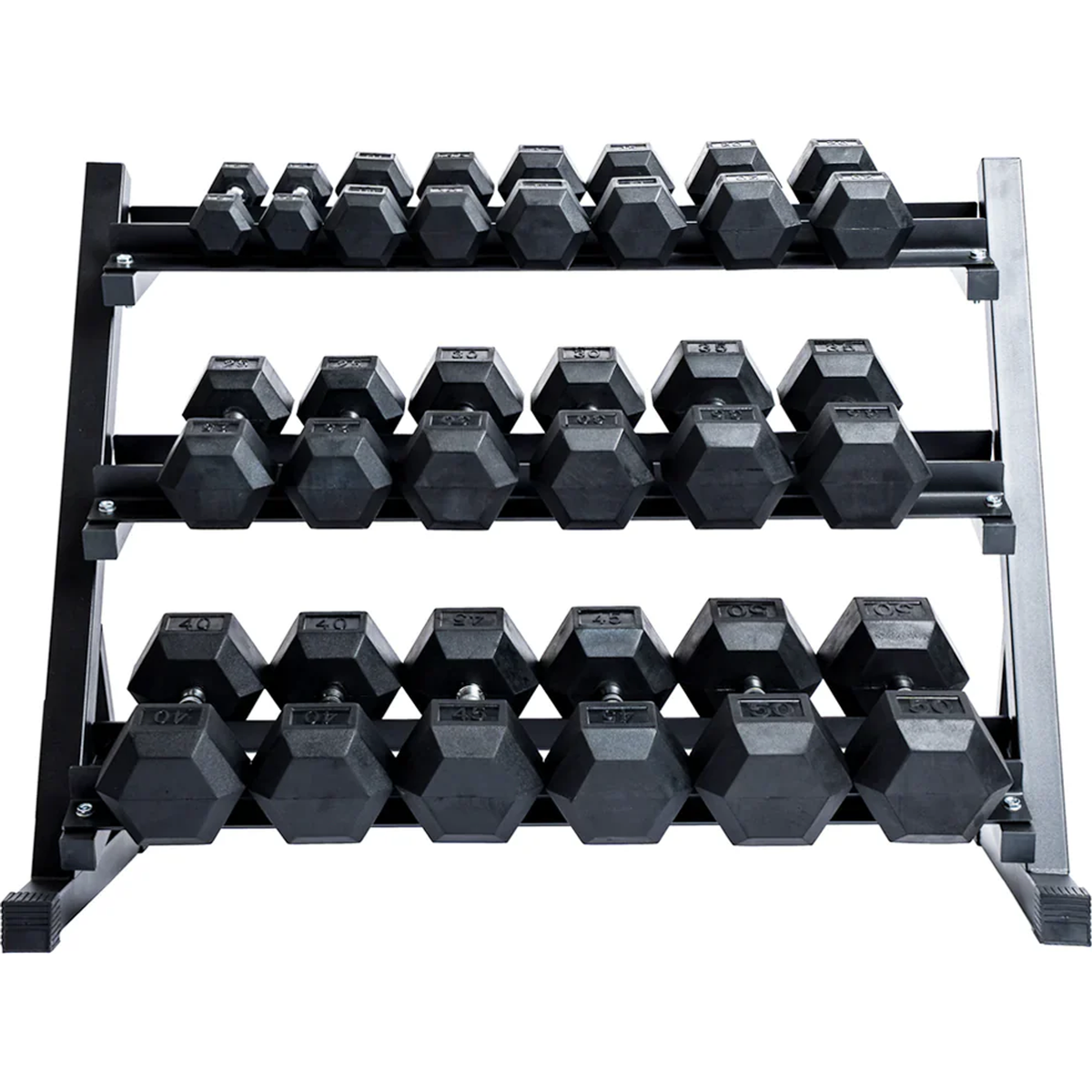Rubber hex dumbbell bundle 5-50 lbs with 3 tier rack