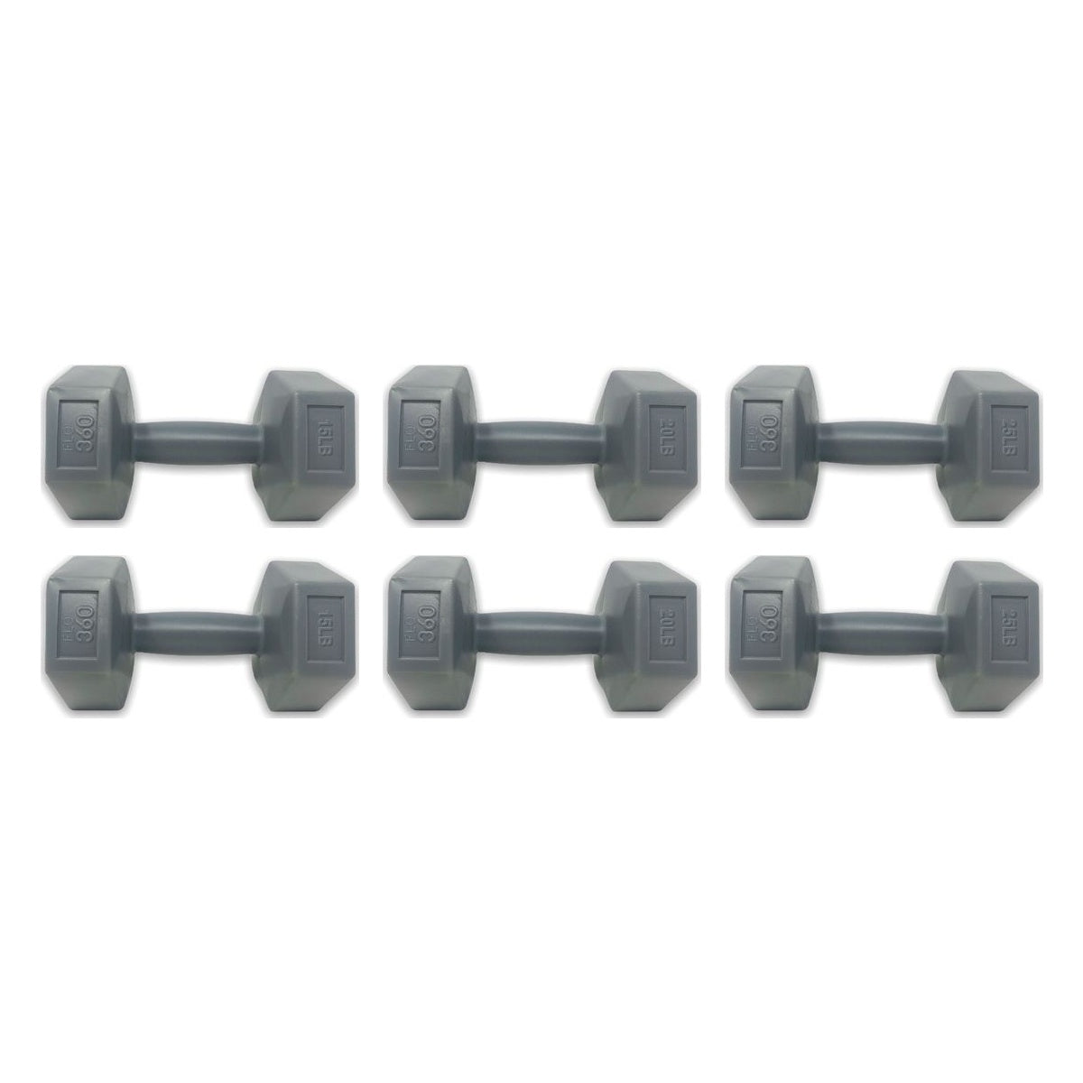 Three pairs of FLO 360 PVC hex dumbbells - 15, 20 and 25 lb - GOAT Fitness