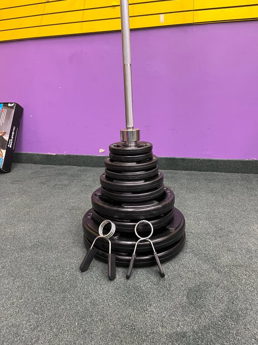 Complete Rubber Weight Plate Set and 7ft Bar with clips